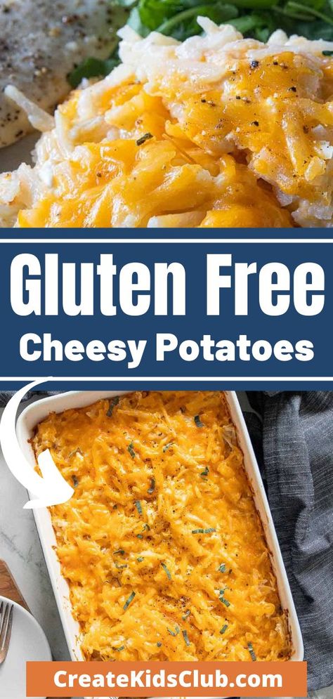 Dairy Free Cheesy Potato Casserole, Gluten Free Dairy Free Cheesy Potatoes, Gluten Free Hashbrown Casserole Recipes, Gluten Free Hashbrowns, Gf Potluck Dishes, Gluten Free Hash Brown Casserole, Gluten Free Cheesy Potato Casserole, Gluten Free Cheese Potatoes, Potluck Cheesy Potatoes