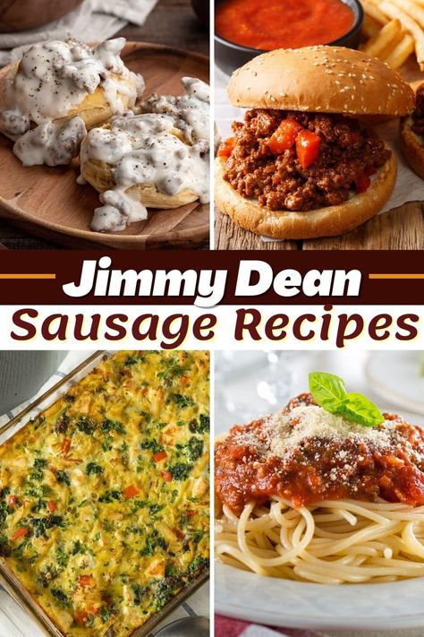 You'll love these simple Jimmy Dean sausage recipes! From quiche to soup to sloppy Joes, these meals are easy and delicious! Jimmy Dean Sausage Appetizer Recipes, Dinner With Jimmy Dean Sausage, Recipes With Jimmy Dean Ground Sausage, Bulk Breakfast Sausage Recipes, Jimmy Dean Sausage Breakfast Casserole, Jimmy Dean Sausage Crockpot Recipes, Hot Jimmy Dean Sausage Recipes, Jimmie Dean Sausage Recipes, Recipes Using Jimmy Dean Sausage