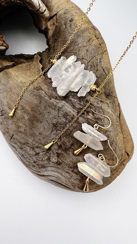 Behold the mystique of our Aura Quartz Necklace and Earrings. The shimmering rainbow colors of the aura quartz make for an enchanting and unique piece of jewelry. Each set is handmade with 14k ear wires, making it perfect for sensitive ears. Just one available. Made just for you, a one-of-a-kind boho princess. 14k gold plated stainless steel chain, 18' with 2" extender - no green neck, water and sweat proof 14k gold filled ear wires made with love in the PNW Jewelry by Real To The Roots is made Crystal Necklace Diy, Boho Princess, Handmade Boho Jewelry, River Stones, Aura Quartz, Sweat Proof, Beaded Necklaces, Quartz Necklace, Necklace And Earrings