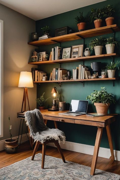 Study Den Ideas, Cozy Coastal Office, Small Office With Bookshelf Wall, Office Decor Lighting, At Home Office With Couch, Cozy Workspace Offices, Craft Workspace Ideas, Home Office With Shelves, Extra Room Office Ideas