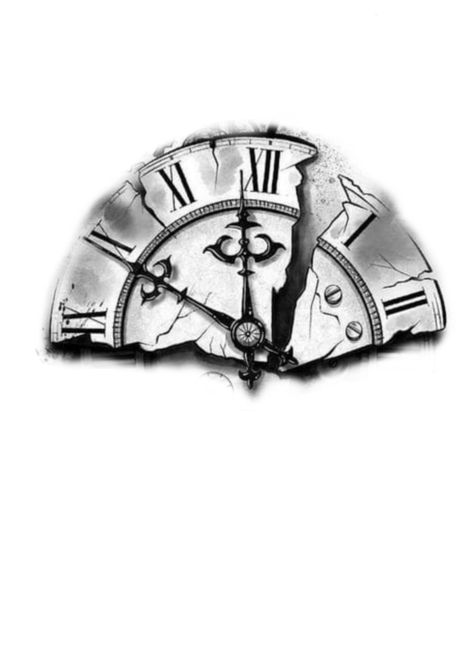 Skeleton Clock Tattoo, Vintage Clock Tattoo Design, Greek Clock Tattoo, Shattered Clock Tattoo, Clock Tattoo Design Stencil, Broken Clock Tat, Clock Design Tattoo, Half Clock Tattoo Design, Broken Clock Design