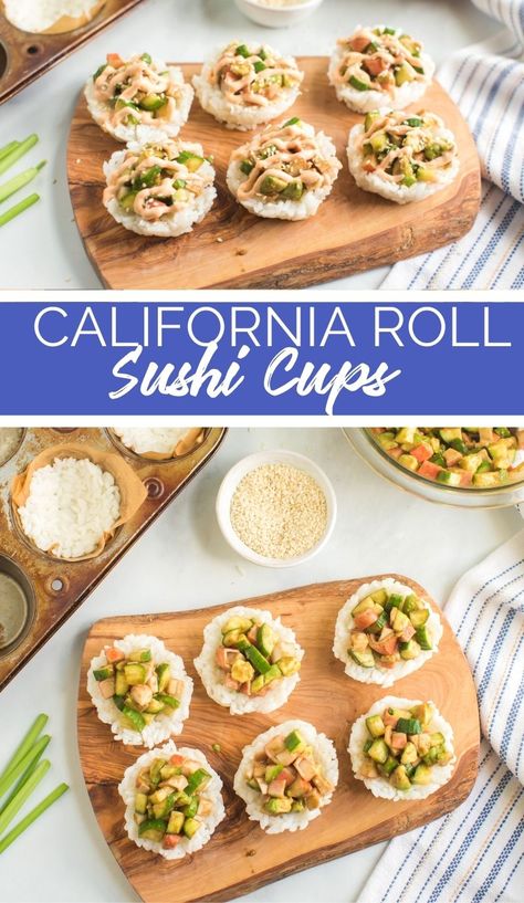 Crispy Rice California Roll, Asparagus Sushi Rolls, Shrimp Sushi Cups, California Sushi Rolls, White Party Foods, Sushi Cups, Low Carb Sushi, California Roll Sushi, Sushi Recipes Homemade