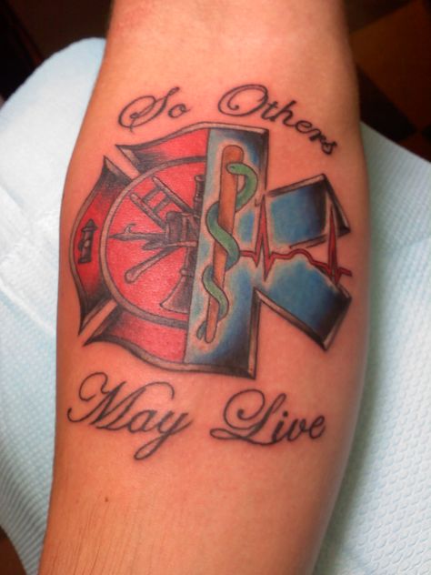 Nurse And Firefighter Tattoo, Fire Medic Tattoo, Firefighter Sleeve Tattoos For Guys, Firefighter Emt Tattoo, Fire And Ems Tattoos, Fire Ems Tattoo, First Responder Tattoo Ideas, First Responder Tattoo, Emt Tattoos