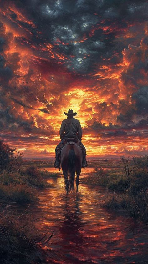 Western Gunslinger Art, Cowboy Artwork, Red Kit, Horse Cowboy, Cowboy Pictures, Western Artwork, Sunset Silhouette, Cowboy Art, Cool Wallpapers Art