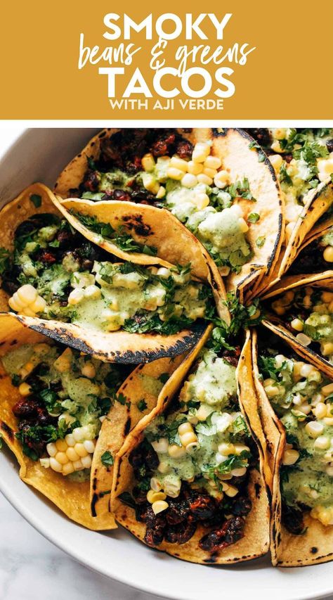 Looking for a vegetarian dinner recipe that's quick and easy? Try this smoky beans & greens taco recipe with Aji Verde! Three cheers for summertime eating! Smoky black beans sautéed with kale and garlic and spices, tucked into charred corn tortillas, and topped with the best feisty, punchy green sauce - Aji Verde! Summer Healthy Recipes, Tacos Vegetarian, Charred Corn, Veggie Tacos, Recipes With Enchilada Sauce, Sweet Potato Skins, Bean Tacos, Vegetarian Tacos, Hispanic Food