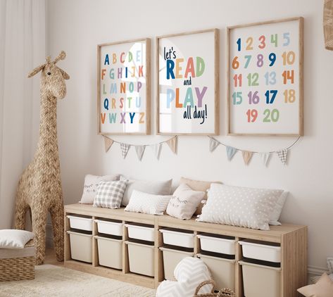 Set of 3 Playroom Printable Wall Art Playroom Decor, Playroom Prints, Let's Play All Day, Let's Read, Nursery Wall Art, ABC Poster - Etsy Playroom Canvas Art Diy, Sophisticated Playroom, Living Room Playroom Combo, Dining Room Turned Playroom, Playroom Themes, Educational Nursery, Playroom Decor Ideas, Playroom Artwork, Playroom Inspiration