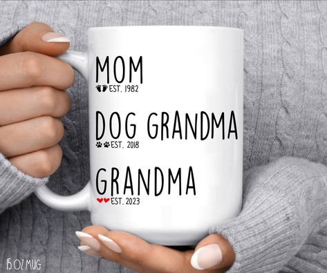 "This personalized Mom est Grandma est Pregnancy Announcement mug is a super cute Promoted to New Grandma gift. Perfect for Pregnancy Reveal, Baby Announcement, Baby Shower to show your love and appreciation. Just order from this listing and put your request in the personalization box provided. 💥IMPORTANT:   Please make sure the TEXT and EST Years are correct.  The information provided by you is final. To speed up processing, proofs will Not be sent to you prior to printing.  Please also includ New Grandma Announcement, Youre Gonna Be A Grandma Announcement, Mom Est Grandma Est, Grandparent Announcement Ideas, Pregnancy Announcement Including Dog, Grandma Reveal Ideas, 1st Time Grandma Gifts, Baby Box Announcing Ideas, Promoted To Aunt Pregnancy Announcements