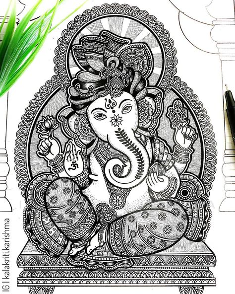 Karishma Srivastava | Mandala on Instagram: “WIP shot for one last time before I post the final picture. I hope you all like the progress so far. Do let me know your thoughts in the…” Karishma Srivastava, Kalakriti Karishma, Ganesha Sketch, गणपती बाप्पा, Beginner Henna, Mandala Ideas, Wedding Symbols, Ganesh Art Paintings, Easy Mandala Drawing