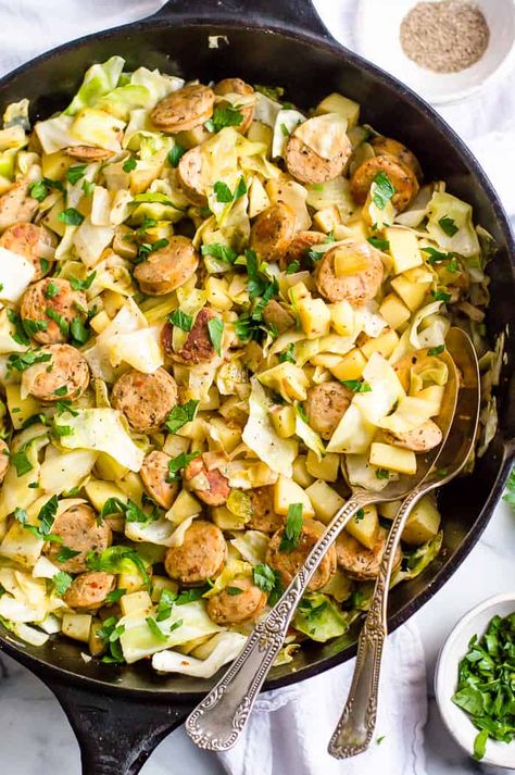 One-Skillet Sausage, Cabbage and Potatoes Sausage And Cabbage, Cabbage Skillet, Fried Cabbage With Sausage, Kielbasa And Cabbage, Lower Carb Meals, Cabbage And Potatoes, Sauteed Cabbage, Cabbage Stir Fry, Cabbage And Sausage