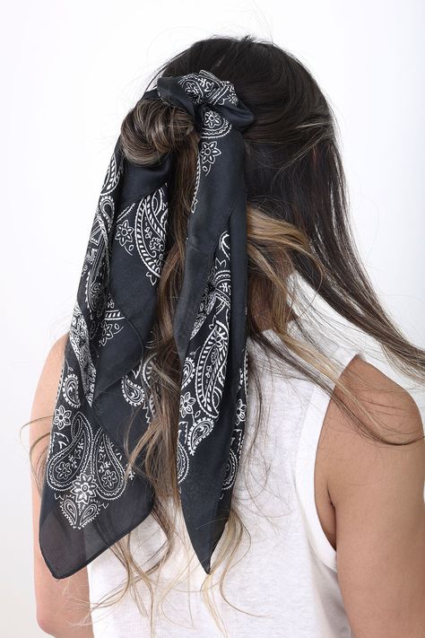 One of our favorite trends is back and better than ever! These Bandana Silk Scarf for Women in Black are going to be the most versatile option in your closet. Wear it as a hair accessory, top, belt, and many other ways bring different looks with the same fabric! Features of Bandana Silk Scarf for Women in Black | SPSS3017-BK: Andrea Bijoux Style: SPSS3017-BK Color: Black 100% Polyester Silk material Classic bandana design Versatile One size 26 ½” x 27” Hand wash, do not tumble dry Haute Couture, Couture, Bandana Silk, Women In Black, Bandana Design, Bandana Styles, Cotton Bandanas, Scarf For Women, Silk Material