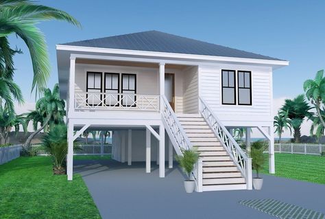 SDChouseplans on Instagram: “SINGLE STORY HOUSE PLAN - WINDJAMMER 2 | 1593 sq. ft. | 3 bed - 2 bath | The sister plan to our Windjammer but with an interior stair that…” Lowcountry House, River Houses, Modern Beach Cottage, Beach House Flooring, Stilt House, Small Beach Houses, Tree Cottage, 30a Beach, Bay Tree