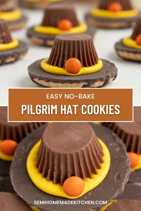 Get ready to impress your guests with these Pilgrim Hat Cookies - a delightful no-bake dessert that captures the spirit of Thanksgiving. Learn how to make these charming treats with ease, thanks to our step-by-step guide on Semi Homemade Kitchen Pilgrim Hats Dessert, Pilgrim Hat Dessert, How To Make A Pilgrim Hat, Pilgrim Hat Cookies Decorated, No Bake Thanksgiving Treats, Quick Easy Thanksgiving Desserts, Thanksgiving Baking For Kids, Thanksgiving Cookies For Kids, Pilgrim Cookies