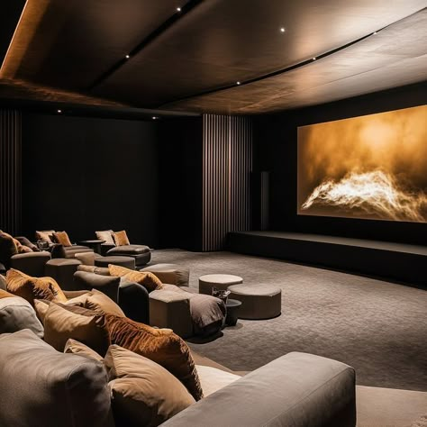 Elegant home theater with plush seating, large screen for movies, and cozy lighting for ultimate viewing pleasure. Perfect for movie enthusiasts. Luxury Movie Theater, Warm Neutral Color Palette, Movie Screening, Screening Room, Home Theater Room Design, Karaoke Room, Theater Room Design, Theater Design, Home Cinema Room