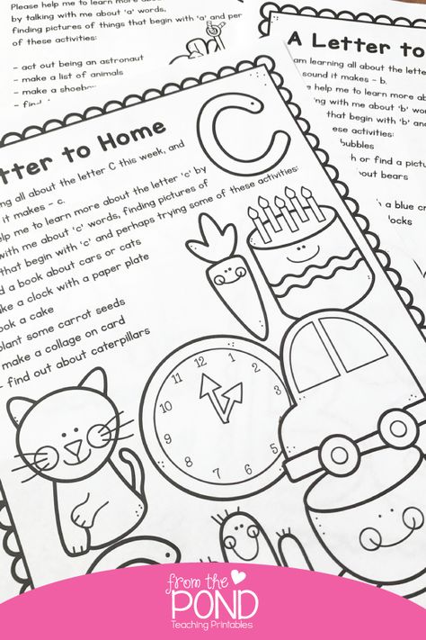 A Letter Home for Kindergarten Homework - 26 easy prep homework pages for the alphabet Montessori, Prek Homework Ideas, Preschool Homework Printables, Preschool Homework Ideas, Easy Kindergarten Activities, Prek3 Worksheets, Letter T Activities For Kindergarten, K Is For, Kindergarten Homework Ideas