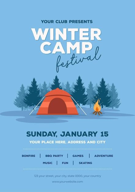 Modern flat vertical winter camping post... | Premium Vector #Freepik #vector #winter-camp #cold #winter-season #winter Winter Festival Poster, Bbq Party Games, Camp Festival, Camping Poster, Promo Flyer, Festival Camping, Winter Event, Winter Festival, Event Branding