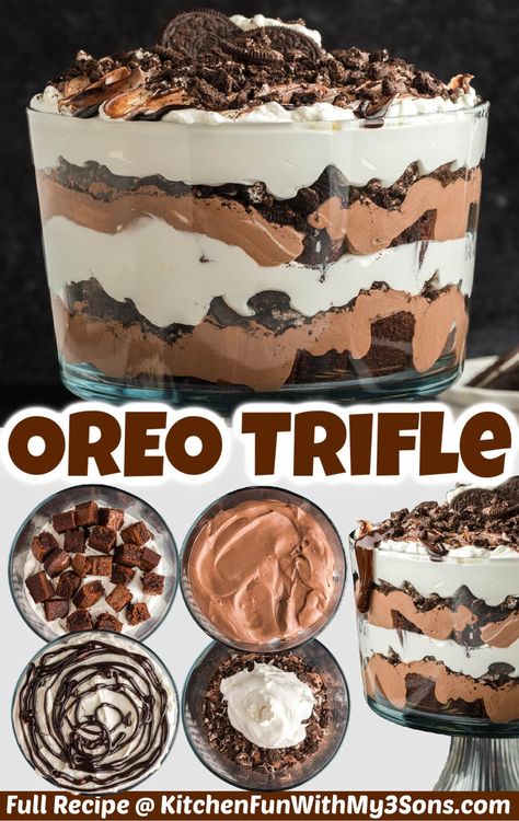 Are you a extreme chocolate lover? Oreo Trifle is a decadent chilled dessert that is sure to satisfy your chocolate craving. Layered with fudgy brownies, rich chocolate pudding, Oreos, and creamy whipped topping, it is perfect to feed a crowd or be enjoyed on any occasion. Oreo Dessert Trifle Bowl, Dessert Dishes For A Crowd, Dessert Truffles Bowl, Gf Trifle Desserts, Brownie Truffle Bowl Trifle Desserts, Chocolate Dessert Thanksgiving, Brownie Layered Desserts, Truffle Desserts Layered, Oreo Trifle Recipe