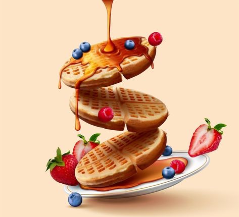 Honey Pouring, Toaster Waffles, Berry Fruit, Illustration Food, Cafe Decor, 3d Illustration, Premium Vector, Waffles, Pancakes