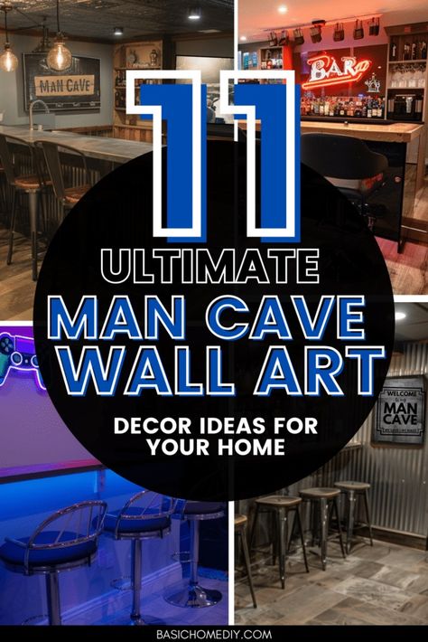 Ultimate Man Cave Wall Art Decor Ideas for Your Home - Basic Home DIY Man Cave Rug, Man Cave Accent Wall Ideas, Man Cave Accent Wall, Men Cave Ideas Room, Unique Man Cave Ideas, Man Home Office, Cave Diy, Hunting Man Cave, Wall Art Decor Ideas