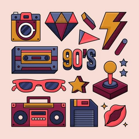 Flat nostalgic 90's elements collection ... | Premium Vector #Freepik #vector #colorful #elements #flat-design #design-elements Graphic Design 90s, 90s Drawings, 90s Elements, 90s Typography, 90s Graphic Design, Retro Elements, Graphic Design Style, Retro Tech, Minimalist Font