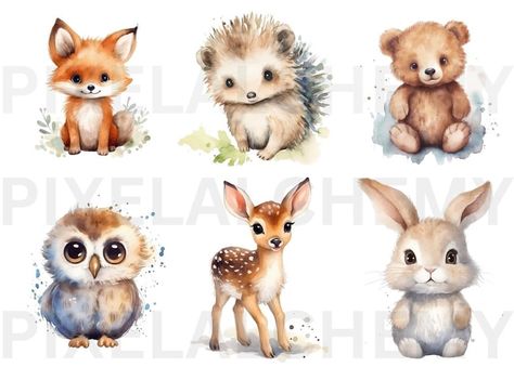 Oliver Nursery, Woodland Creatures Art, Forest Animals Illustration, Woodlands Nursery, Watercolor Nursery Animals, Watercolor Woodland Animals, Woodland Animal Art, Woodland Nursery Wall Art, Sticker Design Inspiration