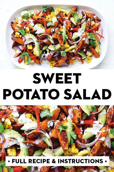 Sandwich Vegetarian, Sweet Potato Salad Recipe, Salad Vegetarian, Charred Corn, Sweet Potato Salad, Christmas Side, Vegetarian Salad Recipes, Potato Salad Recipe, Vegetarian Salads