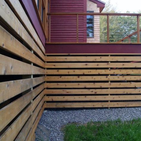 Top 50 Best Deck Skirting Ideas - Elevated Backyard Designs Deck Skirting Ideas, Step Storage, Exterior Facelift, Under Deck Storage, Skirting Ideas, House Skirting, Deck Step, Mobile Home Skirting, High Deck