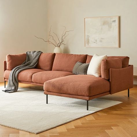 Olsen Ratine Oxide Fabric Right Chaise Sectional | Article Chaise Sectional Sofa, Boho Leather Couch, Scandinavian Living Room Color Palette, Minimalist Colorful, Sofas For Small Living Rooms, Camel Couch Living Room, Sofa Chaise, Small Apartment Sectional Sofa, Rust Colored Sectional Living Room