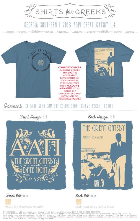 ADPi | Alpha Delta Pi | Great Gatsby | Formal | Date Night | Semi-Formal | Socials | Tshirt Ideas | Simple Design | shirtsforgreeks.com Prom Shirts Ideas Design, Formal Shirt Design, Greek Life Shirts, Senior Class Shirts, Desain Buklet, College Sorority, Alpha Sigma Tau, Greek Shirts, Class Shirt