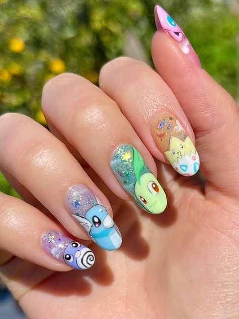 Pokemon Nail Art Designs, Pokemon Inspired Nails, Pokemon Nails Designs, Video Game Nails, Animated Nails, Pokemon Nail Art, Pikachu Nails, Pokemon Nails, Anime Nails