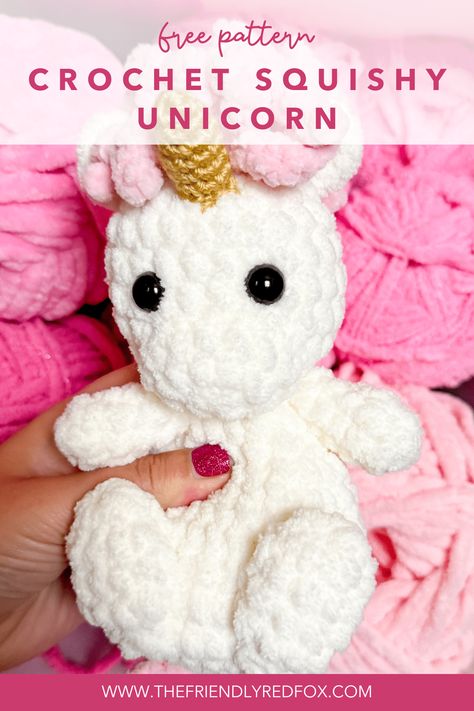 If you want a magical, lovable and squishable friend, this free unicorn crochet pattern is just what you need! This works up quickly with blanket yarn, so you can make many for markets or for gifts! Plush Unicorn Crochet Pattern, The Friendly Red Fox Crochet Patterns, How To Crochet A Unicorn, Easy Unicorn Crochet Pattern Free, Bernat Blanket Yarn Amigurumi Patterns, Small Unicorn Crochet Pattern Free, Bulky Yarn Amigurumi Pattern Free, Easy Crochet Unicorn, Mini Unicorn Crochet Pattern Free