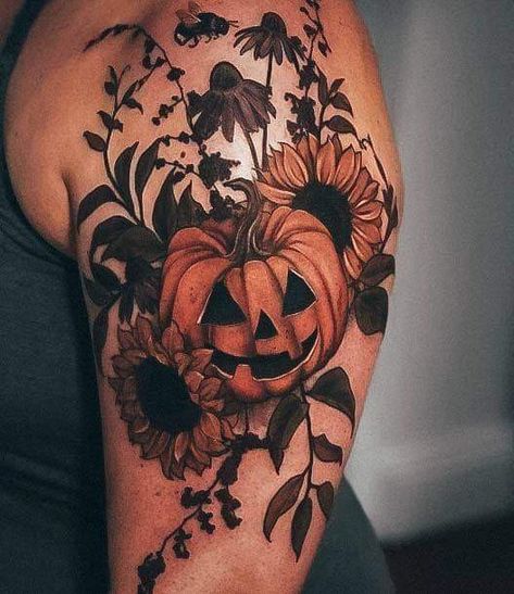 Halloween Themed Thigh Tattoos, Female Halloween Tattoos, Halloween Tattoo Women, Spooky Shoulder Tattoos For Women, Halloween Witch Tattoo Ideas, Halloween Theme Sleeve Tattoo, Cute But Spooky Tattoos, Large Halloween Tattoo, Pumpkin Fall Tattoo