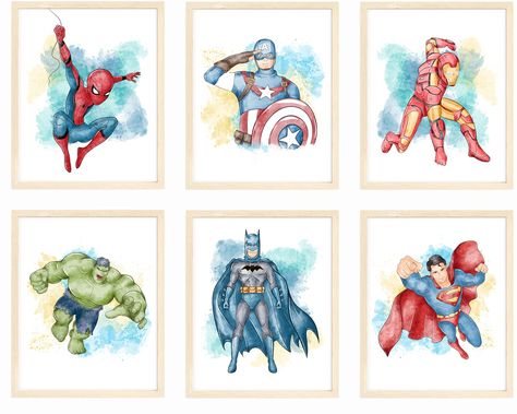 PRICES MAY VARY. 🦸‍♂️ Packed with Heroes: 6 different posters bring beloved heroes to rooms. 🌈 Vibrant and Dynamic Designs: Dynamic and colorful designs that enliven rooms. 📄 Premium Paper Quality: Crafted on high-quality 350GSM matte coated paper, ensuring durability and a sleek look. 🌆 Foster Imagination: Nourish and develop kids' imagination with their heroes. 🎉 Easy Hanging: Can be hung quickly and easily, offering instant decoration. 🎁 Wonderful Gift Option: A perfect gift for little Avengers Nursery, Batman Wall Decor, Superhero Boys Room, Marvel Nursery, Superhero Wall Decor, Captain America Poster, Spiderman Captain America, Batman Wall, Iron Man Spiderman