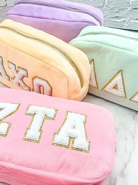 "Available For All 26 Panhellenic Sororities ONE SIZE (9.5\"x5.5\"x2.5\")" Patchwork, Sorority Baskets, Big/little Baskets, Big Little Basket, Packing Bags Travel, Tri Sigma, Sorority Letters, Sorority Big Little, Big Little Gifts