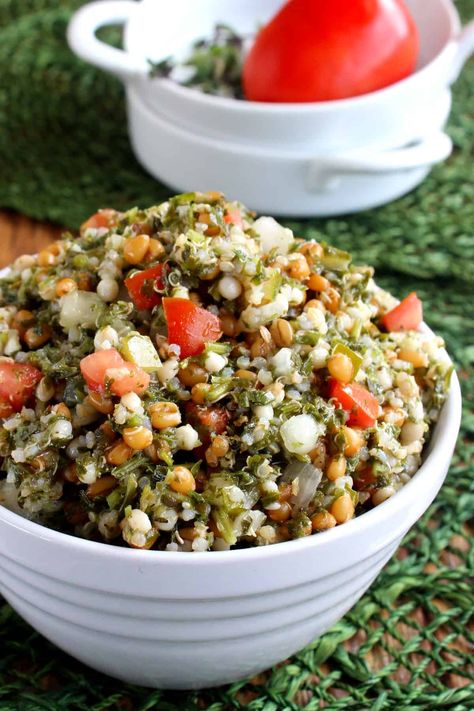 This Tabouli Salad Recipe is super fresh and bright tasting thanks to the fresh herbs (parsley and mint). A tabbouleh salad is a delicious healthy side dish and it's also great on its own for lunch. Made with 2 grains for extra nutrition, texture, and flavor! Tabouli Salad Recipe, Tabouli Salad, Tabbouleh Salad, Healthy Side Dish, Wheat Berries, Healthy Side, Greens Recipe, Healthy Side Dishes, Salad Recipe