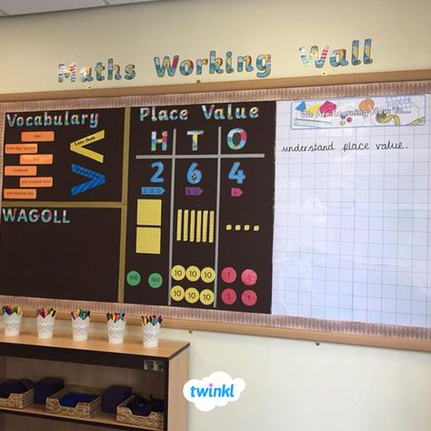 What a fantastic and interactive Maths Working Wall from Twinkl member, Joanna!   #display #classroomdisplay #workingwall #maths #education #backtoschool #twinkl #twinklresources School Wall Display Ideas, Working Wall Display Ks1, Classroom Displays Maths, Numeracy Classroom Display, Classroom Displays Primary Ks1, Primary Maths Display, Ks1 Maths Working Wall, Classroom Maths Display, Interactive Maths Display