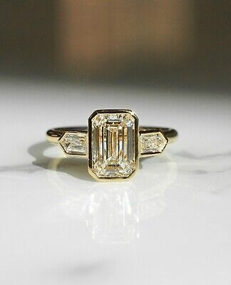 ad eBay - Emerald Cut Moissanite Engagement Ring Bezel Set Three Stone Wedding Ring D/VVS1 - Buy Now, click the link (eBay) Criss Cut Moissanite, Flushed Engagement Ring, Double Stone Engagement Ring Marquise, Emerald Channel Set Ring, Wedding Rings Different Stones, Side Cluster Engagement Ring, Engagement Ring With Blue Accent, Art Deco 3 Stone Ring, Unique Wedding Rings Colored Stones