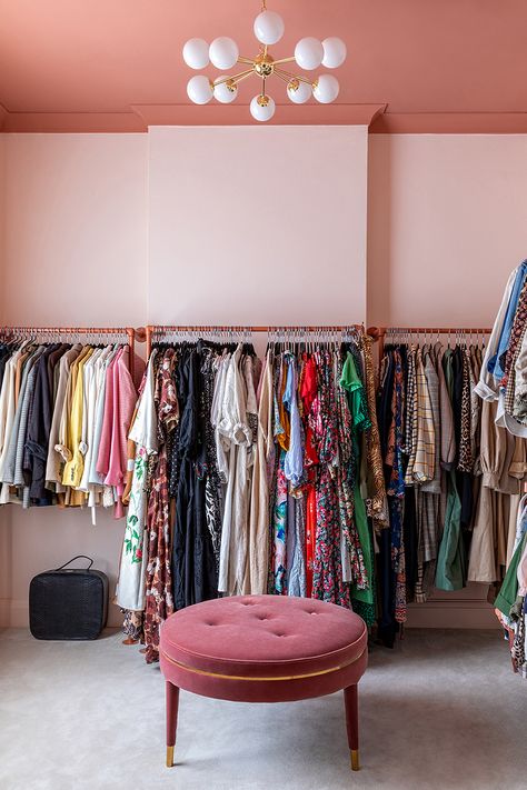 Closet Organization Ideas from London It Girl Rachel Stevens’s Candyland Space Closet Organized, Rachel Stevens, Closet Organization Ideas, Dressing Room Closet, Dream Furniture, Contemporary Wardrobe, Closet Room, Velvet Ottoman, Custom Made Clothing