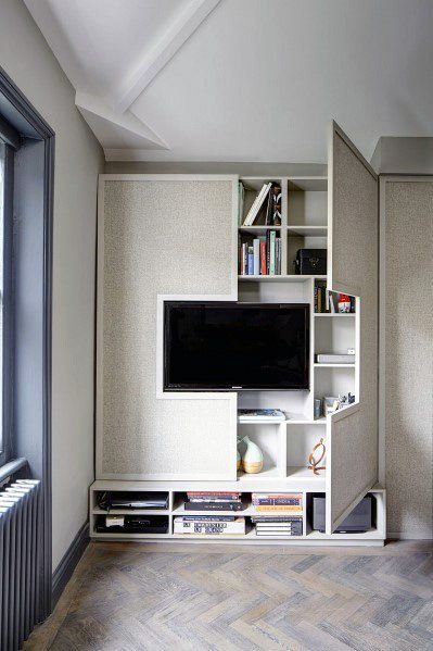 Top 70 Best TV Wall Ideas - Living Room Television Designs Diy Bedroom Storage, Furnitur Ruang Keluarga, Living Room Wall Units, Tiny House Storage, Small Apartment Interior, Dekor Diy, Tv Wall Design, Tv Unit Design, Couple Bedroom