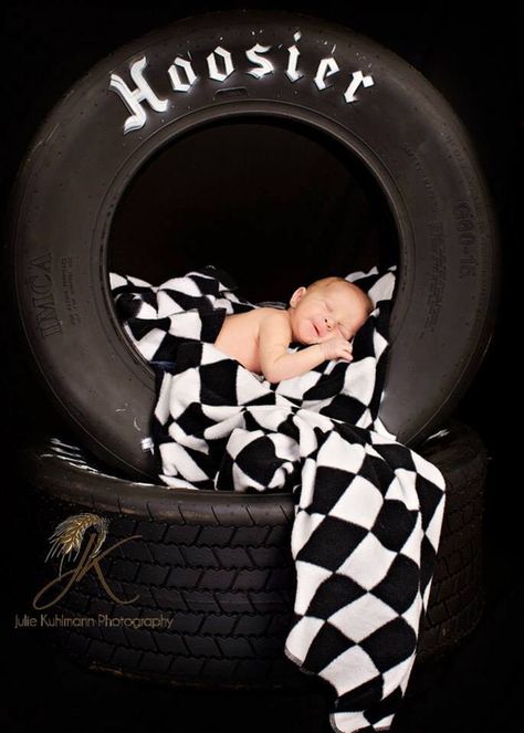 A Newborn Race Car Photography, Newborn Tire Pictures, Newborn Car Photoshoot, Racing Newborn Pictures, Race Car Newborn Pictures, Newborn Racing Photography, Motorcycle Newborn Pictures, Newborn Photography Boy Outfits, Racing Pregnancy Announcement