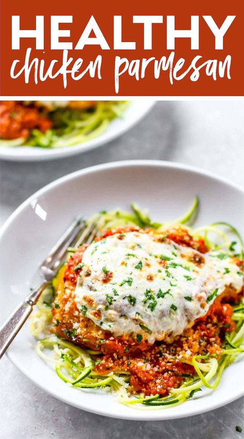 20 Minute Healthy Chicken Parmesan! Healthy Chicken Parmesan made with spiralized zucchini noodles, lightly breaded chicken, Parm cheese and herbs, plus your fave sauce! #chickenparmesan #healthy #zucchininoodles Healthy Chicken Parmesan Recipe, Chicken Parmesan Recipe Easy, Healthy Chicken Parmesan, Chicken Parmesan Recipe, Zucchini Noodle Recipes, Zoodle Recipes, Veggie Noodles, Spiralizer Recipes, Salad Pasta