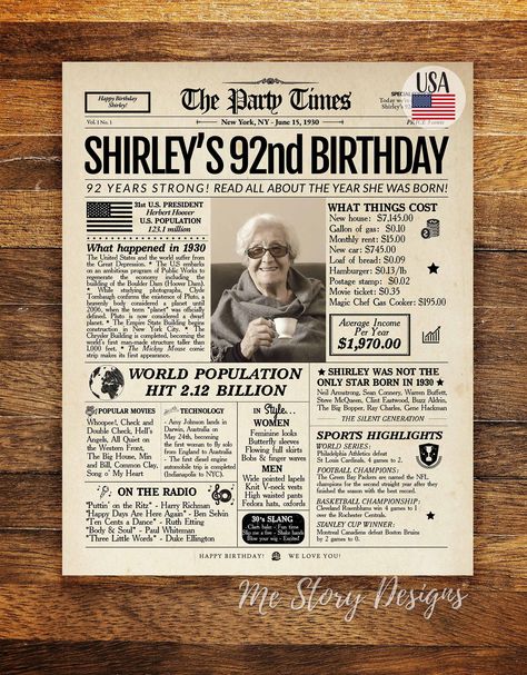 "92nd birthday gift for grandma or grandpa, 92nd Birthday Newspaper Poster 1930 PRINTABLE, Great grandmother gift or great grandfather gift ►HOW TO ORDER 1. Please choose Size and Turnaround time from the menu.  2. Fill out the personalized box details.  3. Add item to cart and make a purchase. 4. Send a picture through the \"Message the Seller\" button or email mestorydesigns@gmail.com (title: Your order number). A photo effect will be applied. ►WHAT'S INCLUDED IN PRICE ★ DESIGN SERVICE - The d Gift For Great Grandma, 60th Birthday Gifts For Men, Birthday Newspaper, 92nd Birthday, Newspaper Poster, 100th Birthday Party, 100 Birthday, 100 Birthday Gifts, Rhapsody In Blue