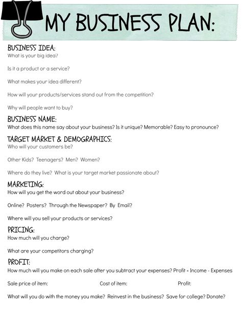 Business Plan for Kids - I hope this business plan worksheet helps your kids, and mine, dissect some of their business ideas and come out with a more concise, actionable plan.  I know they’re young, but kids have a unique ability to gain new skills and proficiencies quickly.  If a simple practice like this helps them understand business in new ways, as well as encourages them to think outside of the box — I’M IN! Simple Business Plan, Startup Business Plan, Business Checklist, Small Business Organization, Small Business Plan, Writing A Business Plan, Kids Series, Small Business Success, Blogger Tips