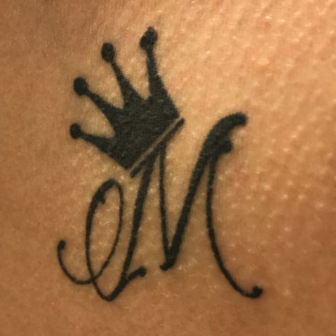 Letter B With Crown Tattoo, M Name Tattoo Designs, M With Crown Tattoo, Crown Tattoo With Initial, M Name Tattoo, Initial With Crown Tattoo, M Tattoo Letter Initial, Cursive Initial Tattoo, Cursive M Tattoo