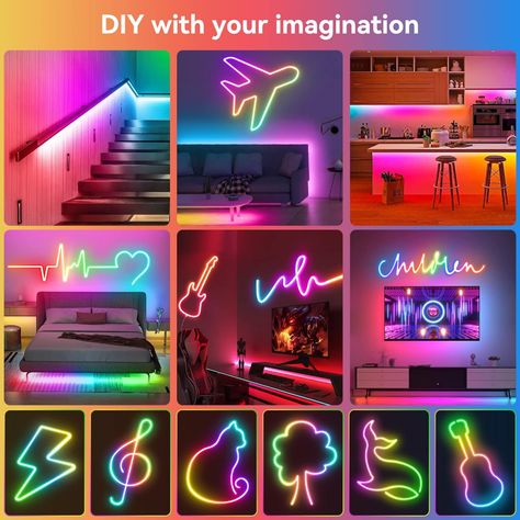 HOUHUI Neon Rope Lights,5m RGB LED Neon Rope Light with Remote App Control, IP67 Waterproof Neon LED Strip Lights 12V Music Sync DIY Design Flex Neon Lights for Bedroom Gaming Room Kids Wall Decor : Amazon.co.uk: Lighting Govee Neon Rope Idea, Neon Rope Light Ideas, Led Rope Lighting Ideas, Led Strip Ideas, Rope Lighting Ideas, Neon Lights For Bedroom, Bedroom Gaming Room, Neon Rope Light, Diy Neon Sign