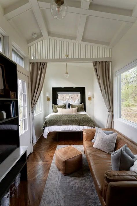 Dreamy Farmhouse Style Tiny House Includes Option for Downstairs Bedroom - Living in a shoebox Bedroom Office Space, Downstairs Bedroom, Tiny House Company, Tiny House Interior Design, Tiny House Trailer, Country Retreat, Sleeping Loft, Tiny House Interior, Tiny Houses For Sale