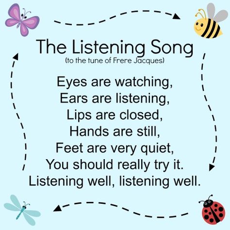 The Listening Song for kids. Joe from parks are rec, aka Keegan Michael Key, sang this song! Listening Song, Oppgaver For Barn, Transition Songs, Circle Time Songs, Songs For Toddlers, Kindergarten Songs, Classroom Songs, Preschool Circle Time, School Songs