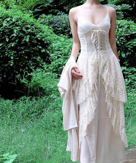 White Fairy Aesthetic Outfit, All White Fairy Outfit, Whimsigoth White Dress, Lace Clothes Fashion, Cupidcore Aesthetic Outfit, Fairy Slip Dress, Enchanted Forest Aesthetic Outfit, Fae Core Outfit, Whimsical Fashion Aesthetic