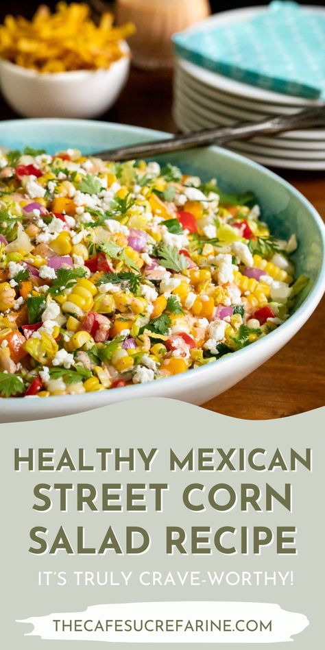 This Healthy Mexican Street Corn Salad Recipe is packed with colorful veggies and vibrant flavor! It’s topped with a homemade dressing that gives this salad the perfect balance of sweet, savory, fresh, and a little spicy. Make this salad to enjoy for a picnic, barbeque, or any time you want something fresh! Spanish Veggie Dishes, Mexican Sweet Corn Salad, Mexican Street Corn Salad Easy, Mexican Veggie Salad, Spanish Salads, Corn Salad Mexican, Healthy Mexican Street Corn, Mexican Picnic, Mexican Corn Salad Recipe