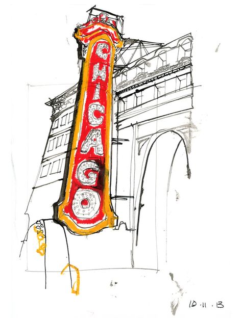 Chicago L Sketches | Chicago | greg betza i l l u s t r a t i o n - don't have to paint the whole page Theatre Drawing, Chicago Painting, Portraits Watercolor, Theater Sign, Sign Drawing, Chicago Theater, Chicago Poster, Bird Watercolor, Pen Drawings