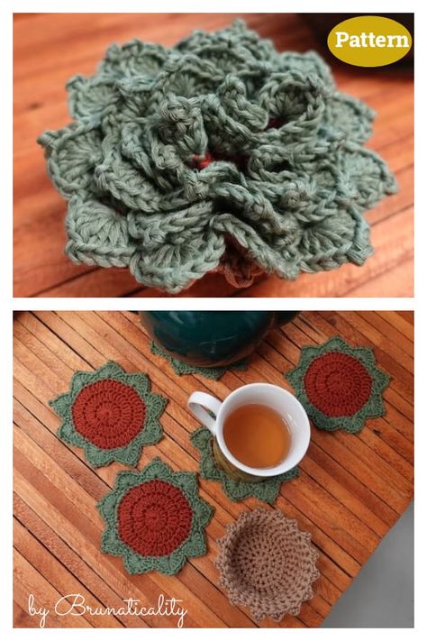 Sierra Plant Crochet, Crochet Plant Pot Coaster Pattern, Coaster Set Crochet Free Pattern, Crochet Coffee Coasters Free Pattern, Crochet Patterns Free Coasters, Crochet Succulent Coasters In Pot, Crochet Potted Plant Coaster, Cute Crochet Coaster Ideas, Crochet Flower Pot That Turns Into Coasters